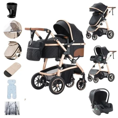 Image de Zkiprm Poussette 3 en 1 de Ville Avec Siège D&#039;auto Poussettes et Landaus Compacte Portative Accoudoirs réglables Protection contre les chocs Cadre Aluminium Noir