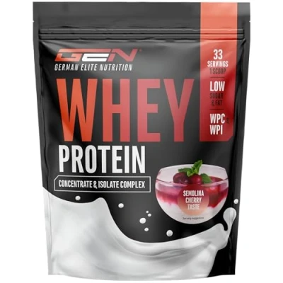 Image de Whey Protein Complex 1000 g (Semoule au lait avec des Cerises) part d&#039;isolat Protéine soluble instantanée en poudre BCAA &amp; EAA German Elite Nutrition