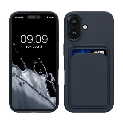 Image de kwmobile Housse Compatible avec Apple iPhone 16 Coque de téléphone Compartiment Carte en Silicone Bleu foncé