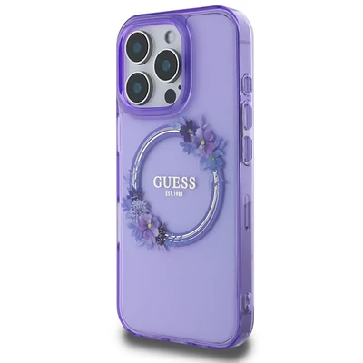 Image de Étui Guess pour iPhone 16 Pro 6.3 violet étui rigide IML Flowers Wreath MagSafe Neuf