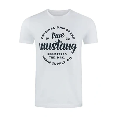 Image de MUSTANG T shirt d&#039;été pour homme Coupe droite Col rond Manches courtes Avec logo imprimé En coton Noir, blanc, bleu, gris, vert Tailles S, M, L, XL, 2XL, 3XL, 4XL, 5XL, 6XL, Blanc