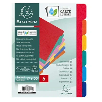 Image de Exacompta Réf. 406E 20 paquets de 6 intercalaires en véritable carte lustrée souple 225g/m2 certifiés FSC avec onglets neutres format à classer 220x170 mm couleurs assorties