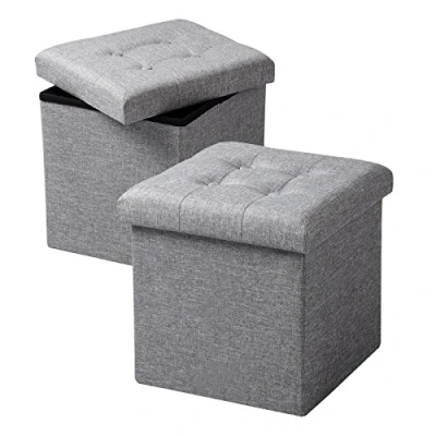 Image de WOLTU Lot de 2 Tabouret Cube Rangement Repose Pieds Pliant,Couvercle Amovible siège en Lin, 37,5x37,5x38cm (L x L H) Gris Clair SH06hgr