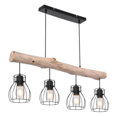Image de Globo Lampe suspendue rurale Mina noir avec bois 4 lumières 15326 4N