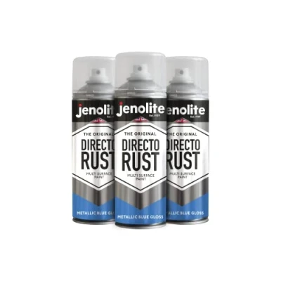 Image de JENOLITE Directorust Peinture en aérosol métallisée brillante BLEU multi surfaces Apprêt, sous couche et finition tout un 3 x 400 ml