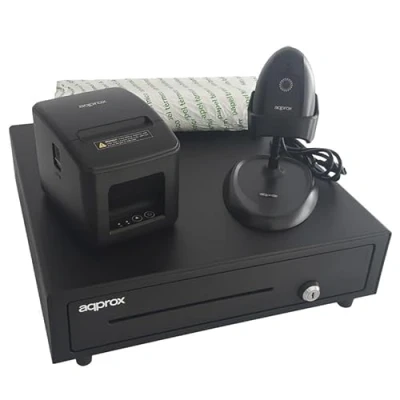 Image de APPROX Pack TPV Tiroir+Imprimante+Lecteur Codes Barres+Paquet 8 Rouleau 80X60 (CASH01+POS80AM USB+LS11AS+PAQ.8 Rouleaux 80X60, Noir)