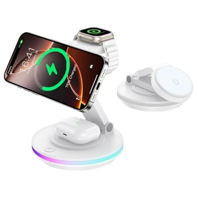 Image de Mag Safe Chargeur 3 en 1 pour Apple Watch et iPhone Pliable Rotatif avec réglage de la lumière Support Charge sans Fil 16/15/14, AirPods Adaptateur Blanc