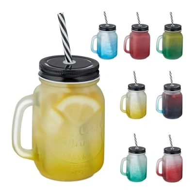 Image de Relaxdays Jarre avec Paille et Couvercle, Lot de 8, 400 ML, Design givré, Verre Anse, gobelet, Multicolore Noir