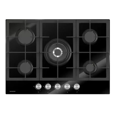 Image de INFINITON 78GLN52 Plaque à gaz 5 zones Largeur 70 cm Noir Brûleur Triple Couronne Allumage électronique