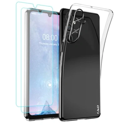 Image de J&amp;D Compatible pour Samsung Galaxy A25 5G Coque, Clair Anti Jaune Mince Housse avec (2 Paquet) Protection D’Écran, Antichoc TPU Bumper Étui 5G, Transparent
