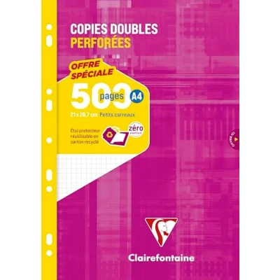 Image de Clairefontaine 14792C Un Étui de Copies Doubles Perforées A4 21x29,7 cm 500 Pages Petits Carreaux Papier Blanc 90 g Réutilisable