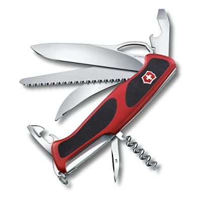 Image de Victorinox Ranger Grip 57 Couteau de Poche Suisse, Multifonction, 13 Fonctions, Lame Fixe, Ouverture Une Main, Rouge/Noir