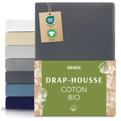 Image de Dreamzie Drap Housse 80x200 cm, Jersey 100% Coton Bio, Hauteur De Matelas Jusqu&#039;à 22 Hypoallergénique, Oeko Tex, Gris foncé