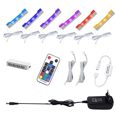 Image de AIBOO LED RGB Vitrine Lumière, Kit Éclairage D&#039;étagère en Verre avec Télécommande RF, Lampes à Clip Longues Intensité Variable, Bandes Ultra Fines pour Le Comptoir de La Cuisine(Paquet 6)