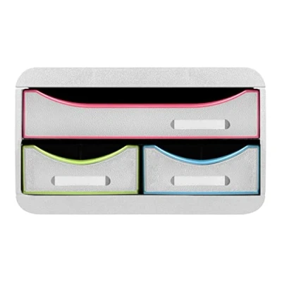 Image de Exacompta Réf. 311913D SMALL BOX MINI 3 tiroirs 1 tiroir pour documents au format A4+ 2 fins les petits ustensiles dimensions 347 x 278 130 mm Blanc/arlequin/blanc