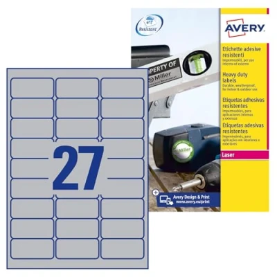 Image de Avery L6011 100 Etichette Ultra Resistenti Poliestere, ff, 63.5 x 29.6 mm, Argento, 2700 Pezzi