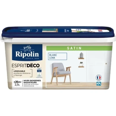 Image de RIPOLIN Peinture Intérieure Multi Supports Murs, Boiseries &amp; Radiateurs Ultra Couvrante Lessivable Application Facile Ecolabel Satin 2,5L Blanc Lenk