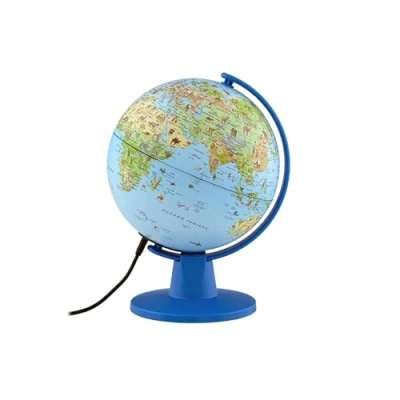 Image de Tecnodidattica Lumière Safari Carte du monde de petite taille pour enfants Globe géographique à monter lumineux et pivotant Câble USB Cartographie illustrée Diamètre 16 cm Textes en
