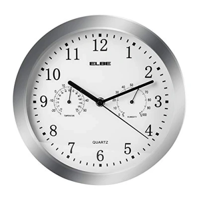 Image de Elbe RELOJ PARED ANALOGICO Plata 25CM Temp/HUMEDAD