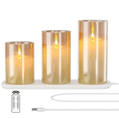 Image de EXTSUD Lot de 3 Bougies LED en Verre Rechargeable avec Station Charge et Télécommande, Décoratives Scintillantes Sans Flamme Minuterie pour Fête, Anniversaire, Mariage