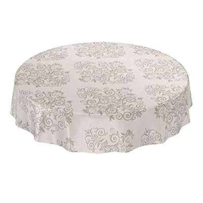 Image de ANRO Nappe en Toile cirée Lavable Beige Frais Motif Baroque avec arabesques Ronde 140 cm