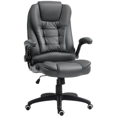 Image de HOMCOM Chaise de bureau, ergonomique Fauteuil direction avec fonction bascule, accoudoir relevable, hauteur réglable bureau rotation pour home office, similicuir, gris foncé