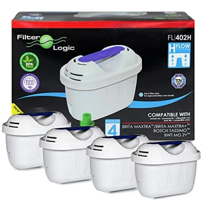 Image de FilterLogic FL402H Lot de 4 Cartouche Filtrante compatible avec Brita Maxtra+ Filtre à Eau pour Carafe Marella Style Flow Elemaris Fun Tassimo