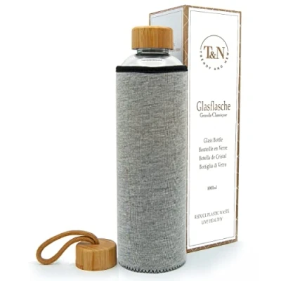 Image de T&amp;N Bouteille En verre de 1 litre Gourde 1l avec housse néoprène d&#039;eau anti fuite borosilicate plus épais pour boissons gazeuses Utilisation comme carafe