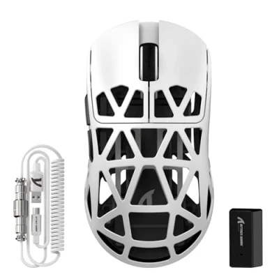 Image de ATTACK SHARK R2PRO 45g Souris Super Léger en Alliage de Magnésium, PixArt PAW3950 Capteur, 42000DPI, 8000Hz Polling Rate, 2,4G/BT/Filaire, G502, Programmables avec Câble Spiralé, PC/Mac, Blanc