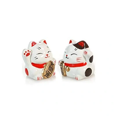 Image de lachineuse 2 Chats Maneki Neko Figurines Statuettes Chat Japonais Porte Bonheur Objets Kawaii Déco Lucky Cat Porcelaine 9,5 cm Mignon Asiatique Chance, Coloris Blanc