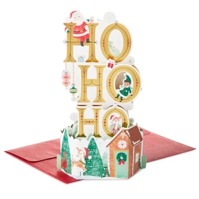 Image de Hallmark carte de Noël 3D avec motif Pays des merveilles d&#039;hiver, Popup, Père Noël, elfes, vert, rouge, doré
