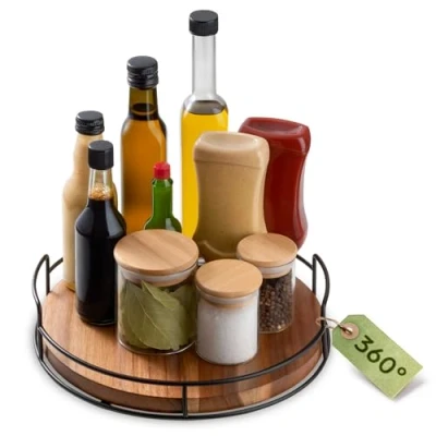 Image de Praknu Plateau Tournant en Bois Durable FSC® Rotation à 360 Organisateur Lazy Susan Grande Base Antidérapante Rangement pour la Cuisine