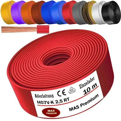 Image de MAS Premium Câble conducteur H07 V K 1 x 2,5 mm² HBL GRGE RT DBL BR OR GR WS VIO ou GE Fil unique flexible de 5 à 100 m (rouge, 10 m)