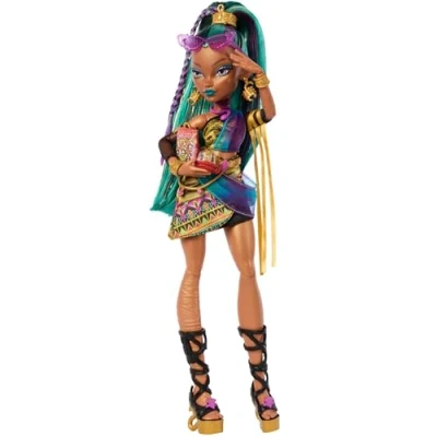 Image de Monster High Poupée Nefera de Nile, momie royale en robe avec Lavish, son scarabée compagnie, et 7 accessoires, notamment un sac à main, ordinateur portable, des lunettes soleil, JDR48