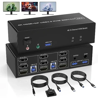 Image de Commutateur KVM USB 3.0 HDMI + 2 DisplayPort 3 moniteurs ordinateurs, 4K@60Hz triple moniteur pour ordinateurs partager avec ports et microphone audio