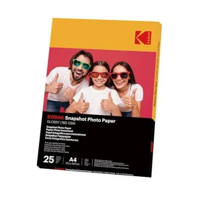 Image de KODAK Papiers photo Instantanés Pack de 25 feuilles papier Format 21 x 29.7 cm (A4) Finition brillante 180 gsm Compatible avec imprimantes jet d&#039;encre&quot;