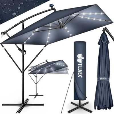 Image de tillvex® Parasol déporté LED solaire Rectangulaire Ø 330 cm + Housse de Protection &amp; contre le vent à manivelle carré avec support jardin Extérieur Anti UV en aluminium