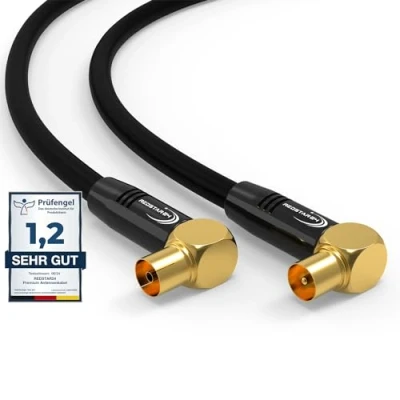 Image de RedStar24 Câble d&#039;antenne 3m Noir 90 coudé Coaxial Mâle à Femelle HDTV Premium pour Télévision par TV : Compatible avec TV, Radio, DVB T/T2, C, DAB