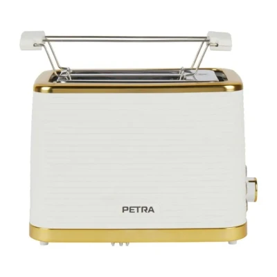 Image de Petra PT5032WVDE Grille Pain 2 Fentes pour Tranches, 7 niveaux de brunissement rapide, support petits pains et bac à miettes, Décongelation, Rechauffage, 930 W, voyants LED, blanc/doré