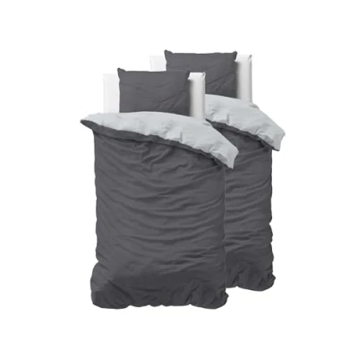 Image de SLEEP TIME Sleeptime Parure de lit 4 pièces 100% Coton 135 cm x 200 Gris/Anthracite Doux et Infroissable avec Fermeture éclair Bicolore 2 taies d&#039;oreiller 80