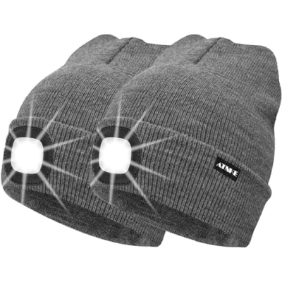 Image de ATNKE 2 Pièces Chaud LED tricoté Chapeau de Bonnet Unisexe avec,USB Rechargeable Course Ultra Lumineux 4 Lampe lumière étanche Multicolore/Grey
