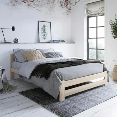Image de lit en bois 160 x 200 cm avec sommier à lattes, moderne, cadre de double pin massif, classique, confortable et durable, style scandinave, bohème, maison campagne, tête moyenne,