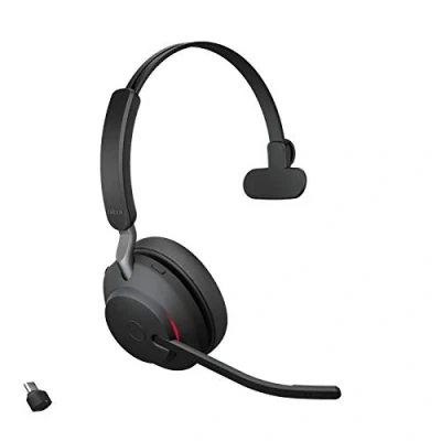 Image de Jabra Evolve2 65 Casque PC sans Fil Mono Écouteurs Certifié UC avec Annulation du Bruit et Batterie Longue Durée Adaptateur Bluetooth USB C Noir