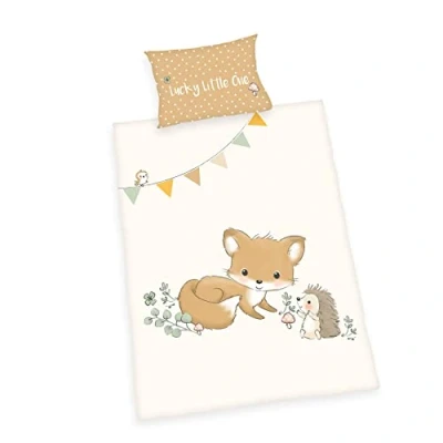 Image de Herding Parure de Lit Les Amis la Forêt, Made in Green by Oeko TEX, Taie Coussin env. 40 x 60 cm, Housse Couette 135 100 avec Fermeture à Boutons, 100% Blanc/Marron