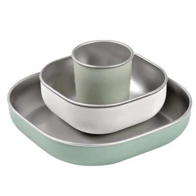 Image de BÉABA, Coffret Repas Bébé Enfant Inox, 3 Pièces, Verre + 2 Assiettes, Compatible Micro Ondes et Lave Vaisselle, Sain Solide, Léger, Incassable, Anti dérapant avec Housse en Silicone, Sage Green