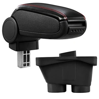 Image de Accoudoir central avec compartiment rembourré cuir synthétique noir des coutures rouges