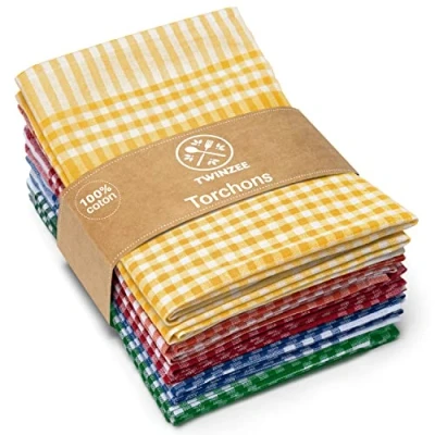 Image de Twinzee Torchon Cuisine (Set de 10) 100% Coton Oeko Tex 180 GSM 67 x 47 cm à Carreaux Design Retro pour Sécher la Vaisselle et Les Mains Multicolore