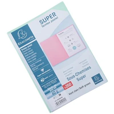 Image de Exacompta Réf. 850004E Paquet de 250 sous chemises SUPER 60 g/m2 aux couleurs pastel certifiées PEFC dimensions 22 x 31 cm pour format A4 couleur vert clair
