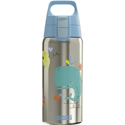 Image de SIGG Gourde Enfant Isotherme Shield One Therm Whale Friend Convient Aux Boissons Gazeuses Étanche Passe Au Lave Vaisselle Pour l&#039;École Sans BPA Acier Inox Effet Brossé Baleine 0,5L