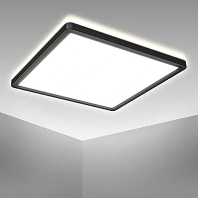 Image de B.K.Licht Plafonnier LED ultra plat 28mm avec rétroéclairage indirect, platine 18W intégrée, 2400Lm, lumière blanche neutre 4000K, éclairage plafond carré 29x29cm